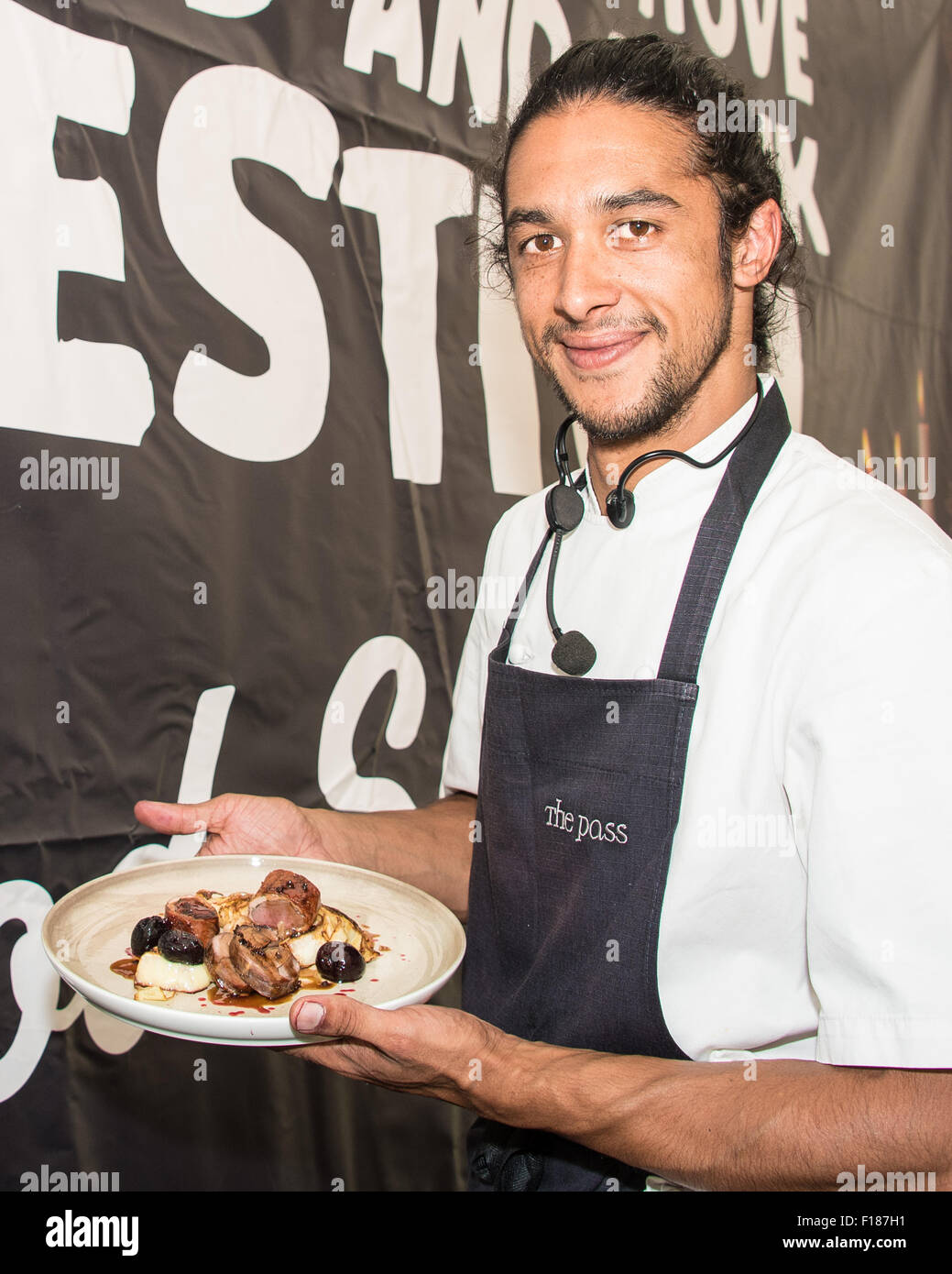 Brighton, UK. 29th Aug, 2015. Chef Matt Gillan of The Pass, South Lodge,  Horsham on the Live Food Show Stage at Brighton & Hove Festival Food and  Drink Festival on Hove Lawns
