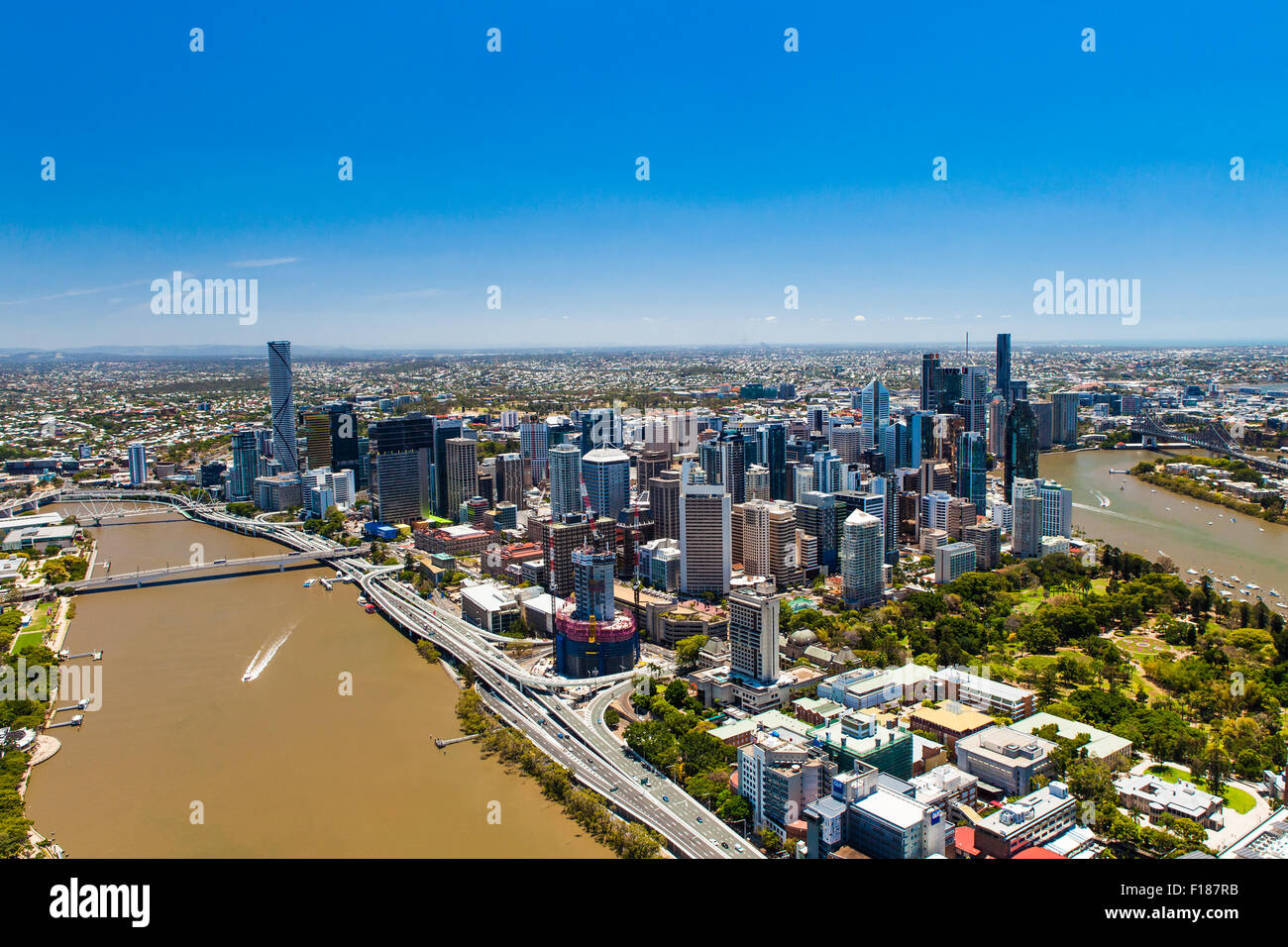 BRISBANE, AUSTRALIA - NOVEMBER 11 2014: View of Brisbane from air over the river. Brisbane is the capital of QLD and the third l Stock Photo