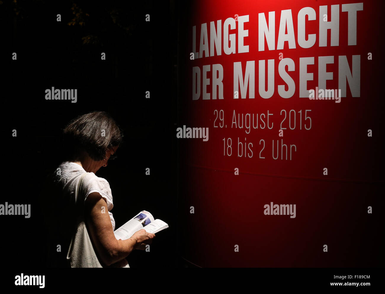 Berlin, Germany. 29th Aug, 2015. A visitor attends the annual 'Long Night of Museums' in Berlin, Germany, on Aug. 29, 2015. Seventy-seven museums from Berlin took part in the city's annual cultural event on Saturday, which will remain open for the public from Saturday evening to 2:00 a.m. Sunday. © Zhang Fan/Xinhua/Alamy Live News Stock Photo