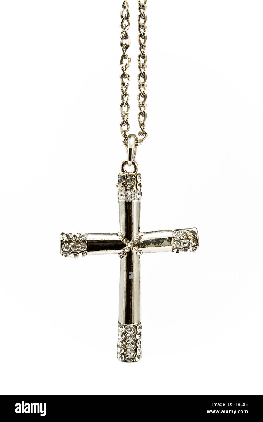 Silver christian cross with small diamonds isolated on white Stock Photo