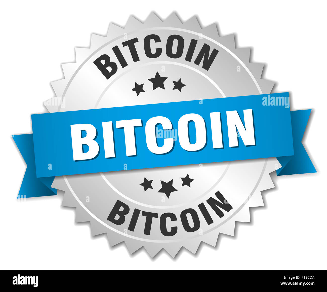 bitcoin 3d silver badge with blue ribbon Stock Photo - Alamy