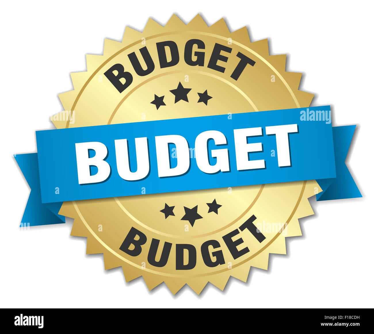 budget 3d gold badge with blue ribbon Stock Photo - Alamy