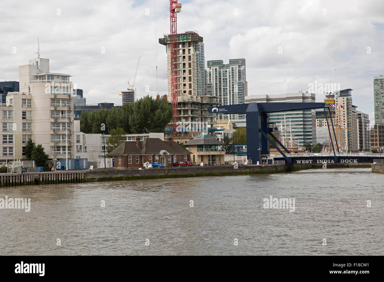 Riverside apartments and office buildings as seen from the River Thames ...