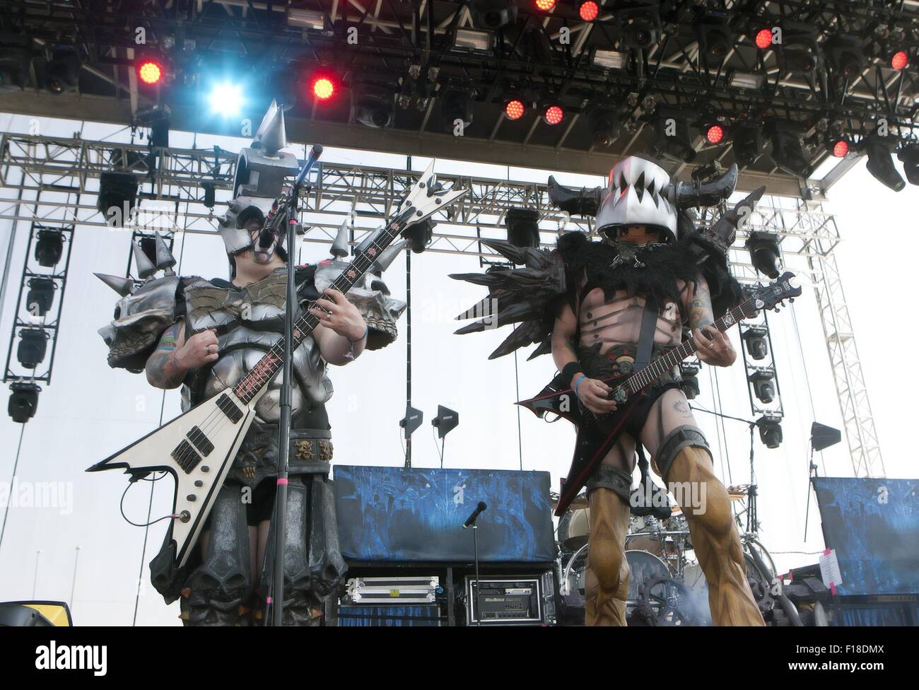 Denver, Colorado, USA. 29th Aug, 2015. GWAR Bassist JAMISON LAND (Beefcake the Mighty), left, and MIKE DERKS (Balsac the Jaws of Death), right, entertain the crowd during Riot Fest in Denver Day 2. Riot Fest Denver will end Sunday Evening. Credit:  Hector Acevedo/ZUMA Wire/Alamy Live News Stock Photo