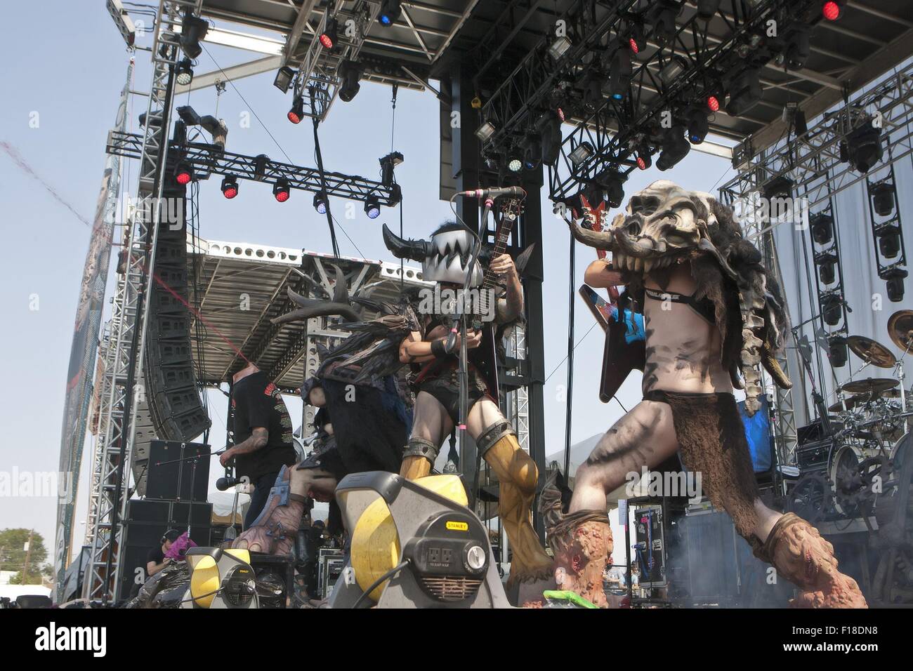 Denver, Colorado, USA. 29th Aug, 2015. GWAR Guitarists MIKE DIRKS (Balsac The Jaws of Death), left, and BRENT PERGASUN (Pustulus Maximus), right, get the crowd going during Riot Fest in Denver Day 2. Riot Fest Denver will end Sunday Evening. Credit:  Hector Acevedo/ZUMA Wire/Alamy Live News Stock Photo