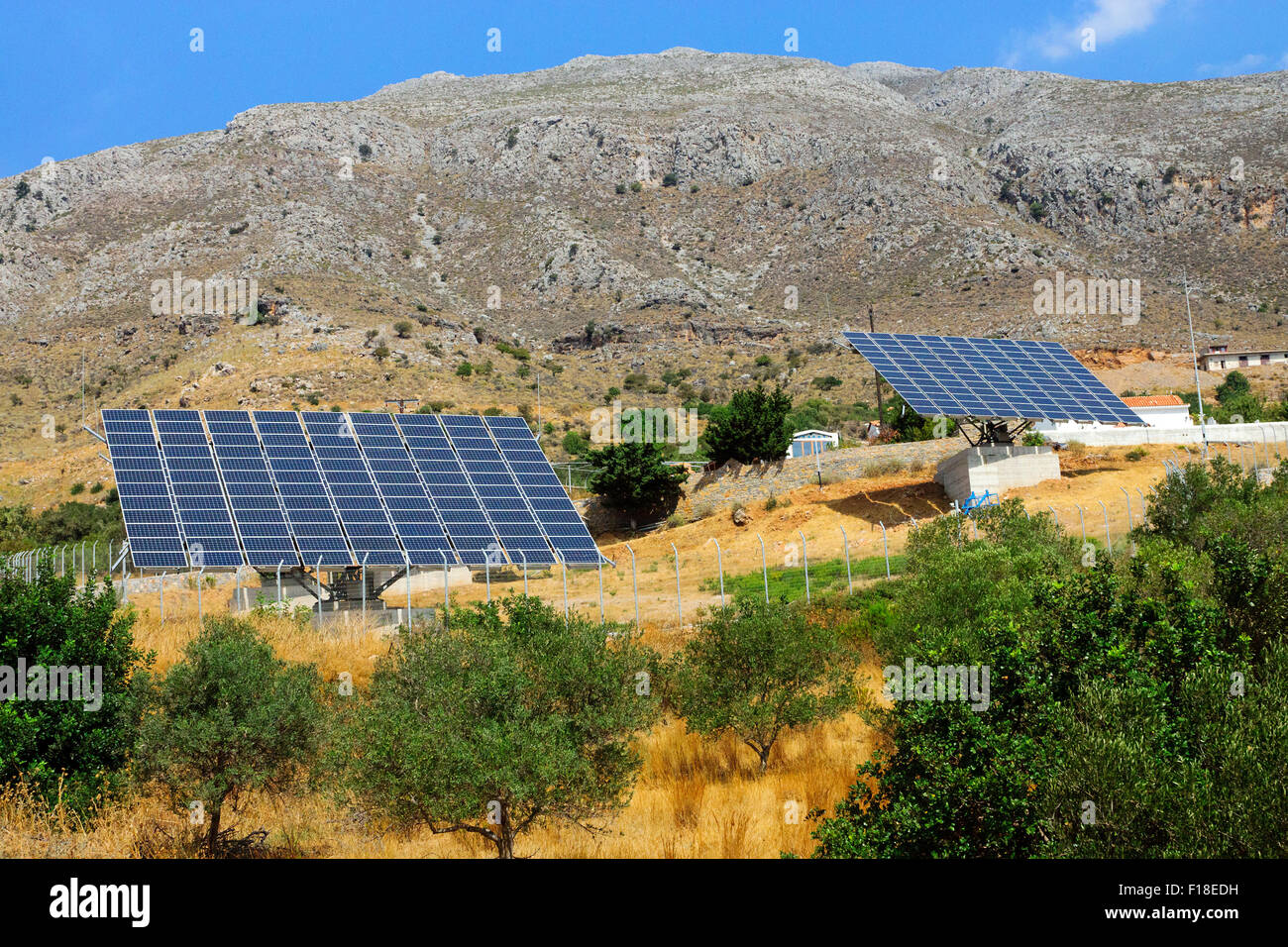 Two solar panels in the mountains of Crete island, Greece Stock Photo