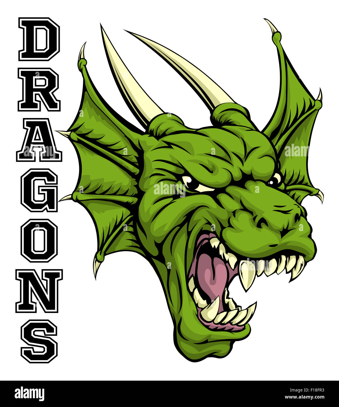 An illustration of a cartoon dragon sports team mascot with the text