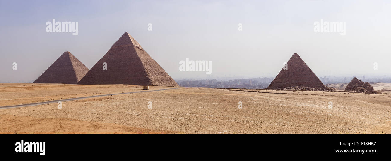 a panoramic view of the Pyramids of Giza, Egypt Stock Photo