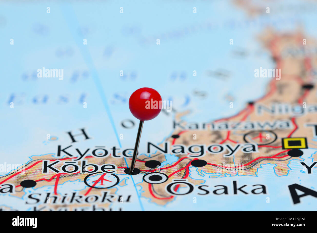 Map of kobe hi res stock photography - Kobe Pinned On A Map Of Asia F18J3M