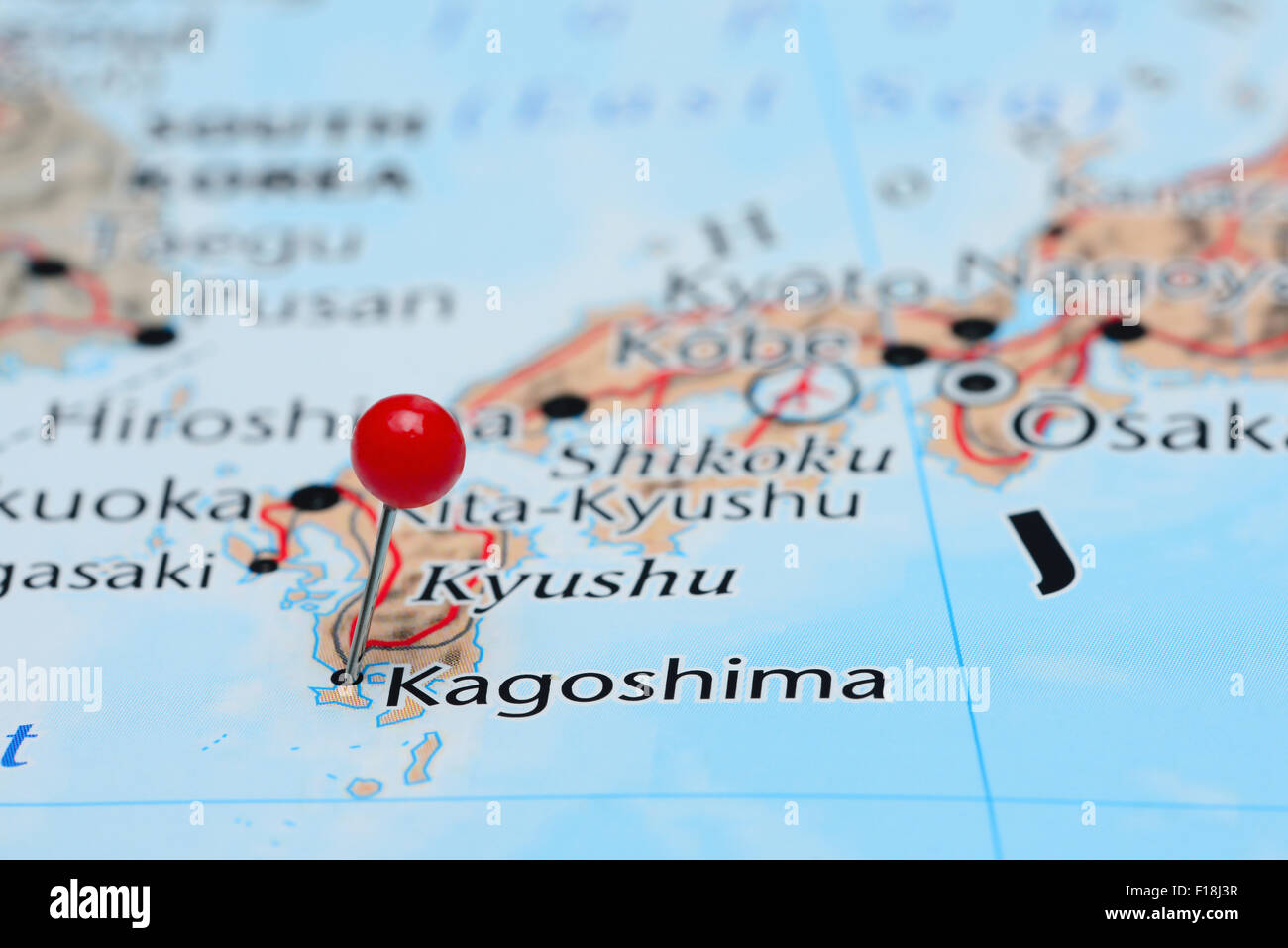 Kagoshima pinned on a map of Asia Stock Photo