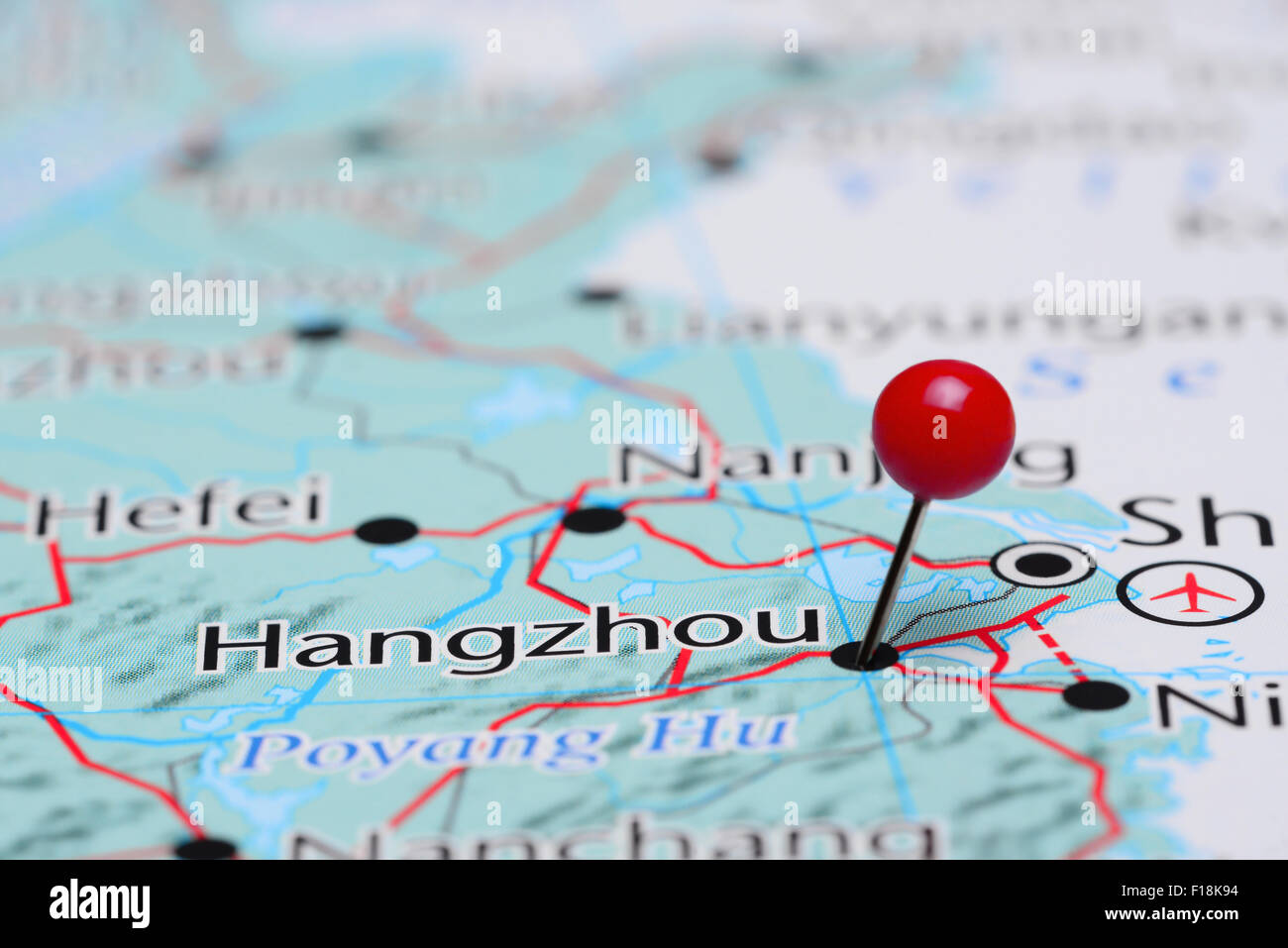 Hangzhou pinned on a map of Asia Stock Photo