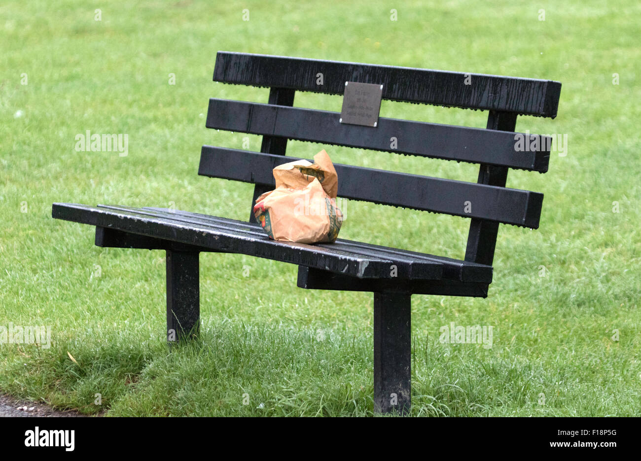 A discarded McDonald's bag discarded on a park bench, England, UK Stock Photo