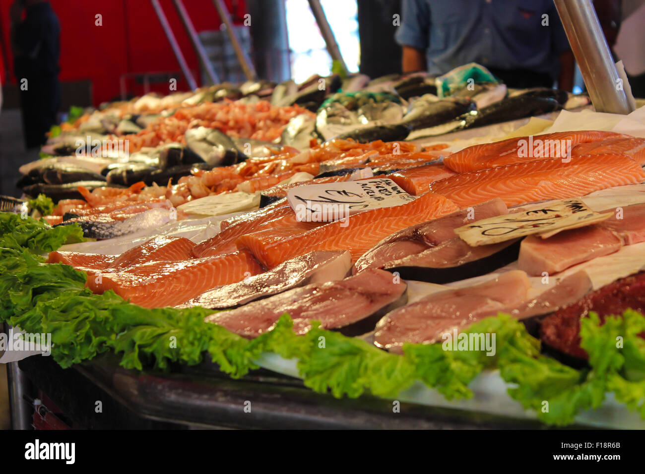Fresh Fish in Venice. Frischer Fisch auf dem Fischmarkt in Venedig. Stock Photo