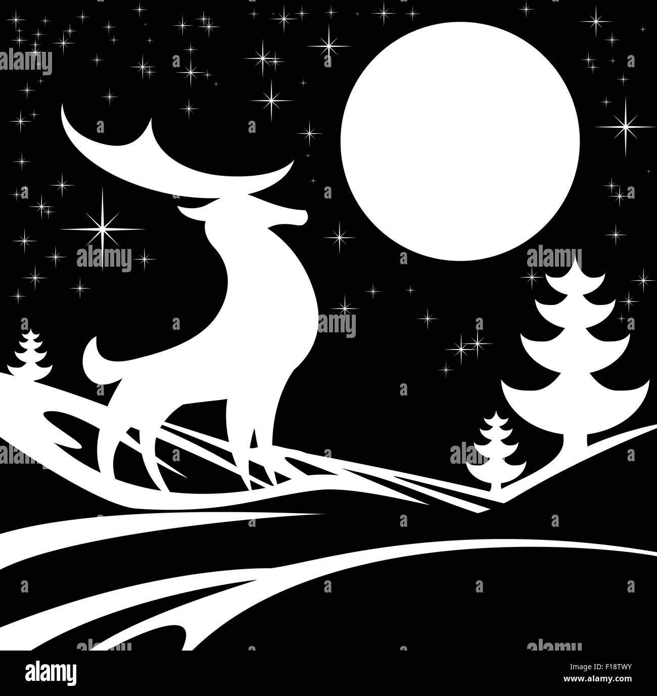 Stylised black and white illustration of winter Christmas scene featuring a stag deer in front of a big full moon in snow with C Stock Photo