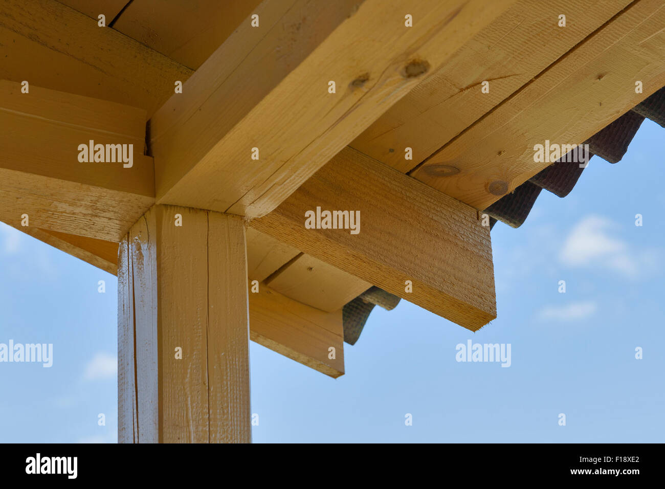 interior view of the construction of a pitched roof and sky Stock Photo