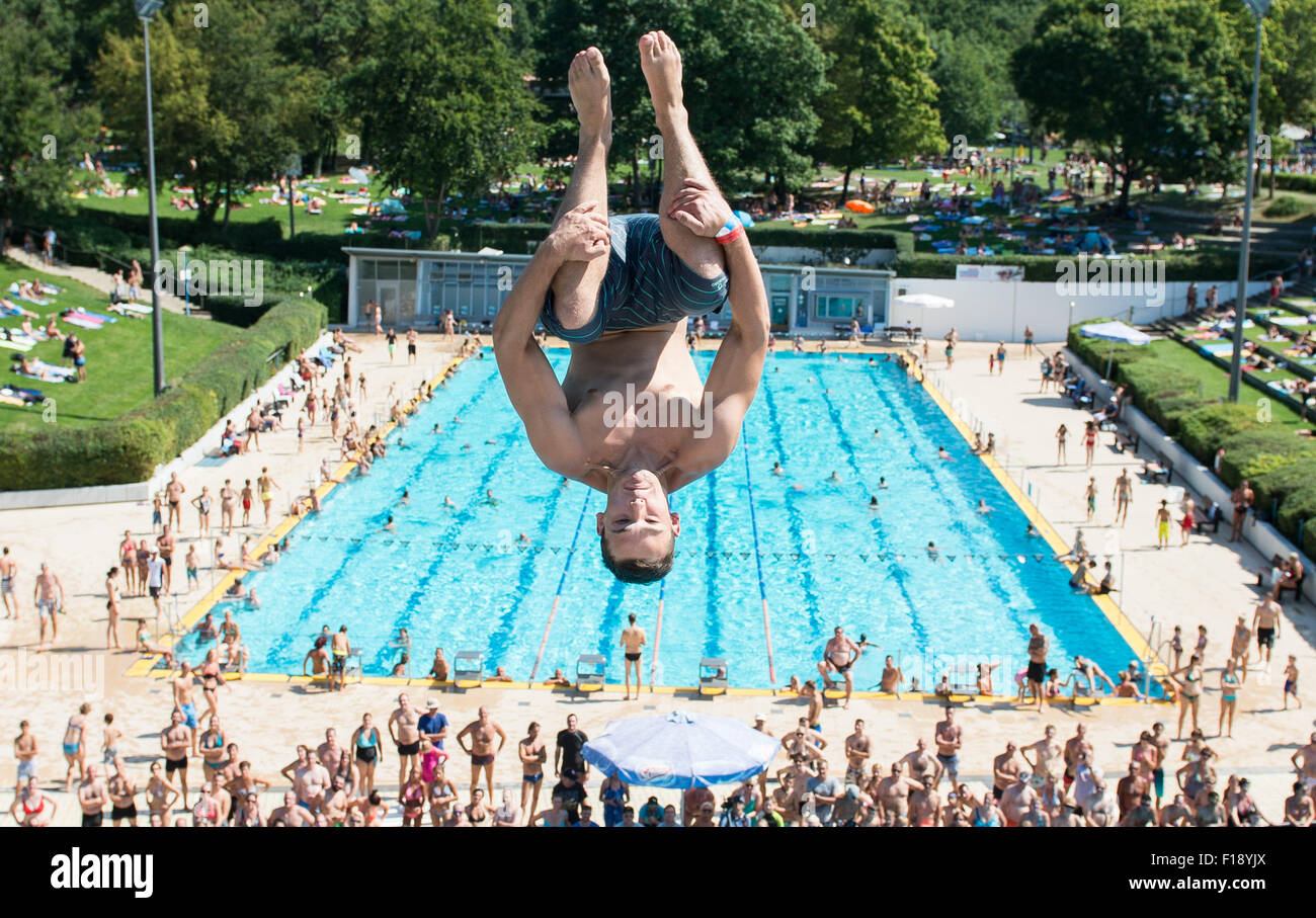 A participant in the Splashdiving world championships in midair, in