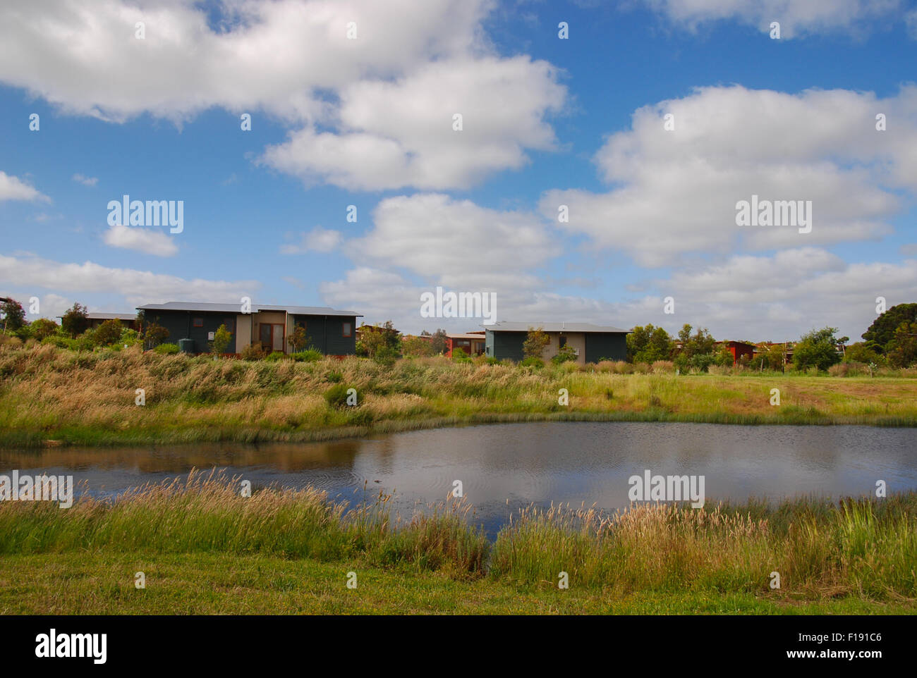 Victorian landscape with grasses, pond, and huts. Stock Photo
