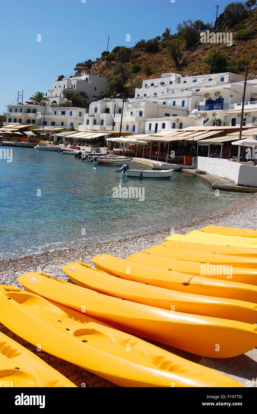 yellow kayaks on the beach of loutro crete Stock Photo