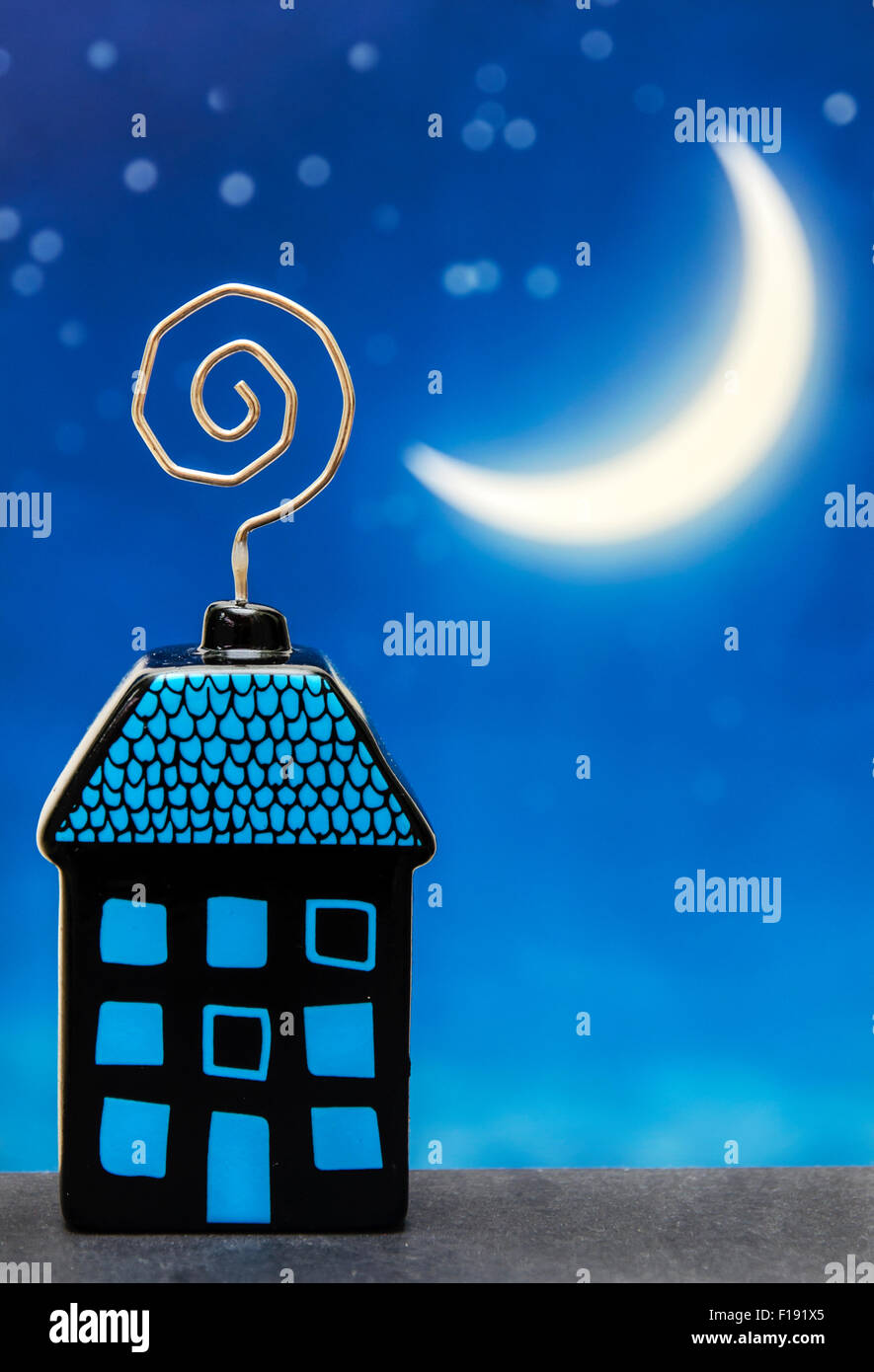 Cute Funny Dream Night House and Moon Stock Photo