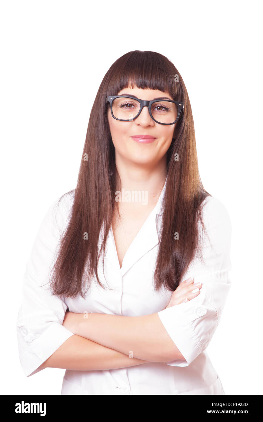 Woman in a white lab coat and glasses, isolated on white background ...