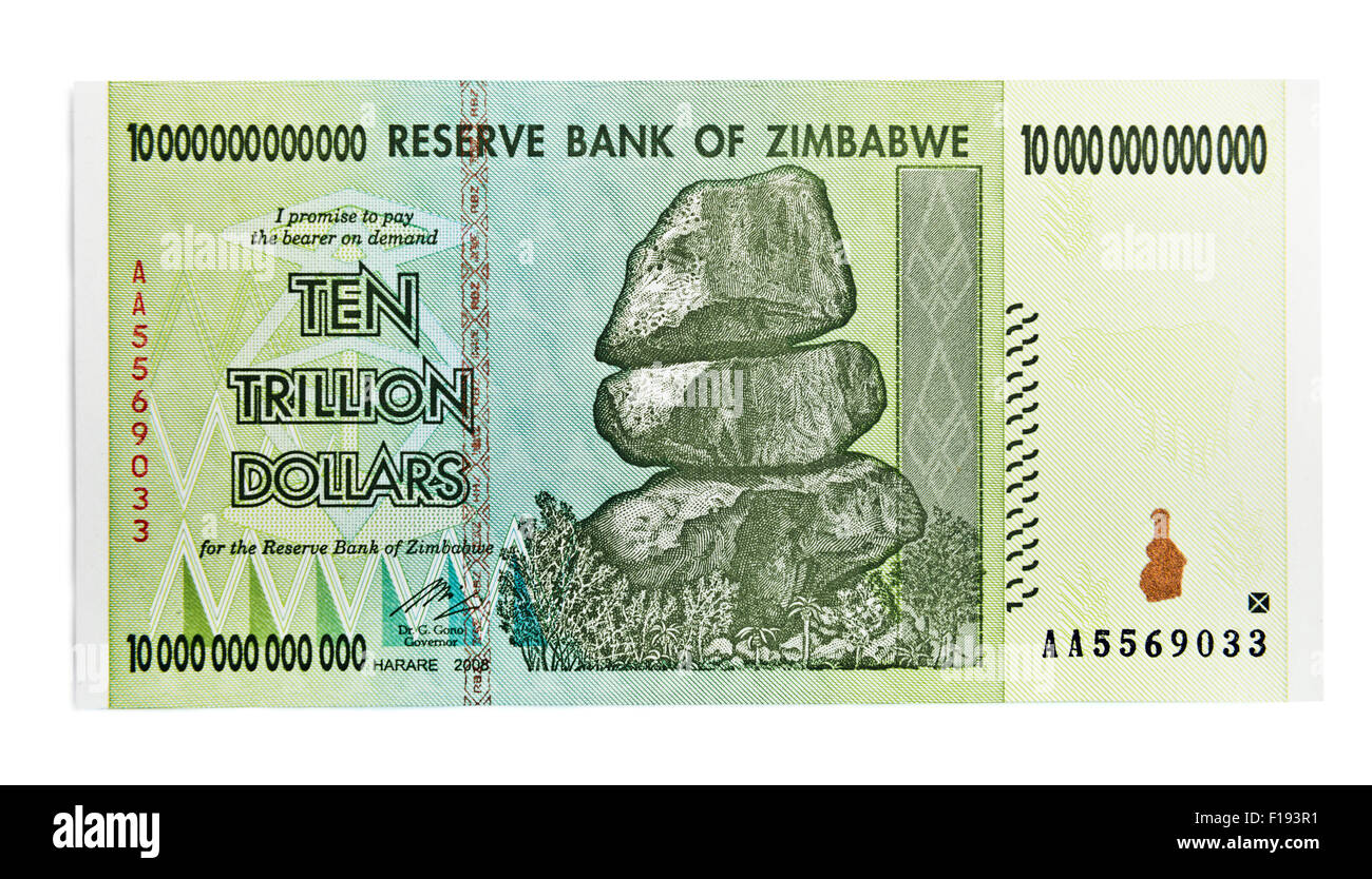 Zimbabwe ten trillion dollars bill - hyper inflation concept. (This banknote not used in present days) Stock Photo