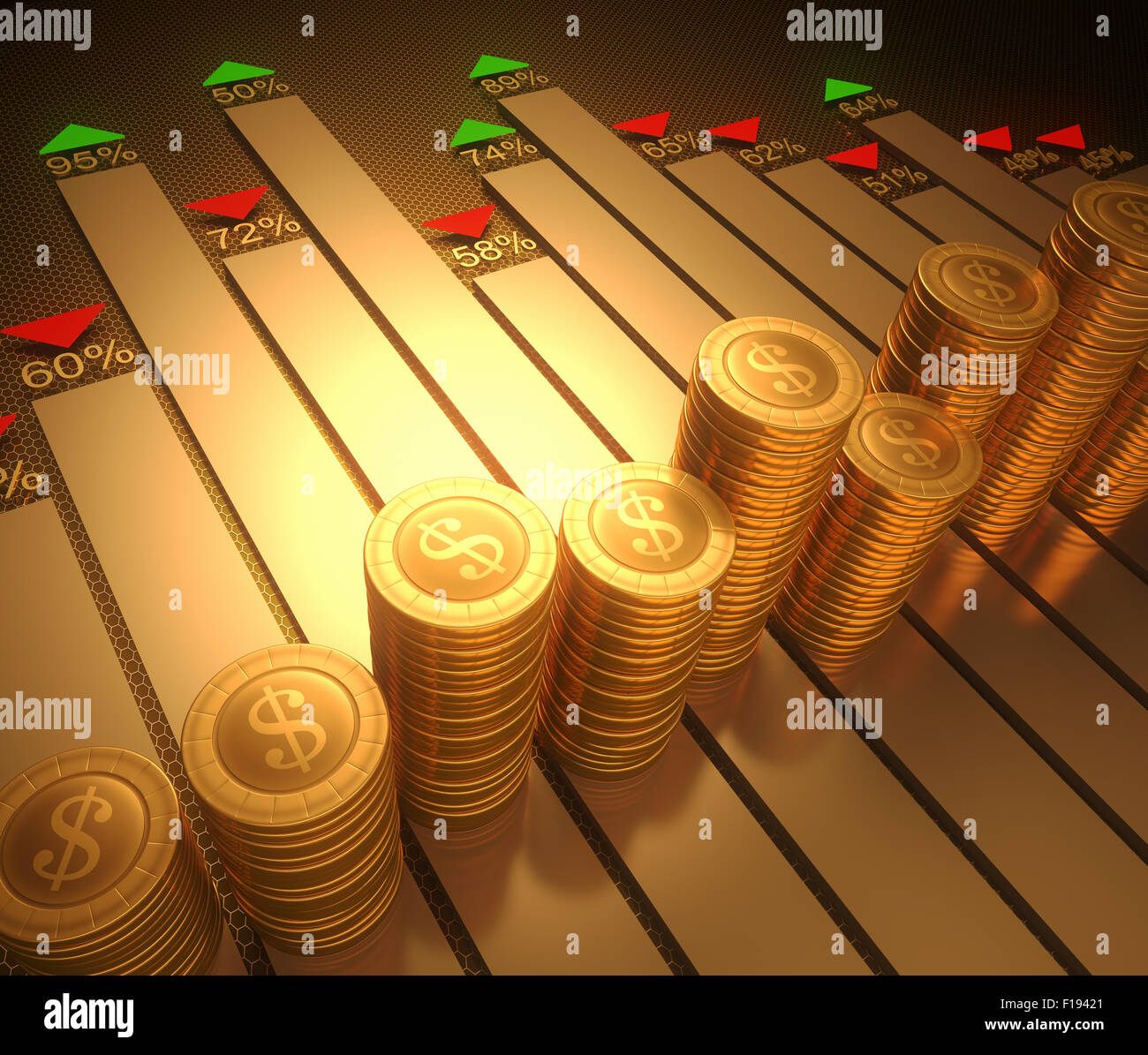 Image concept stylized graphic of the stock market. Clipping path on the coins. Stock Photo