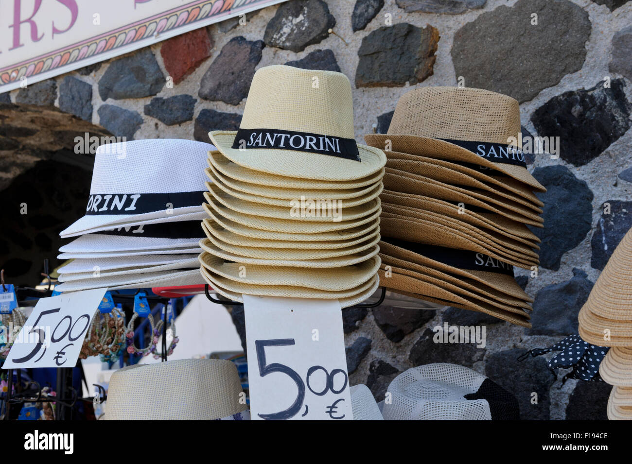 Man hats for sale in an outdoor market, Santorini, Greece Stock