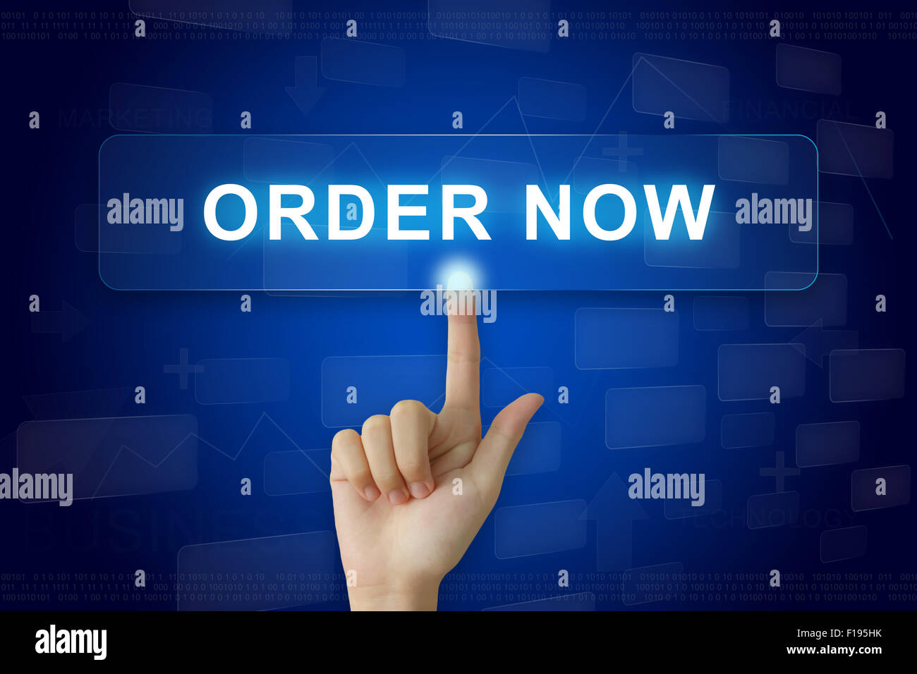 hand press on order now button on virtual screen Stock Photo