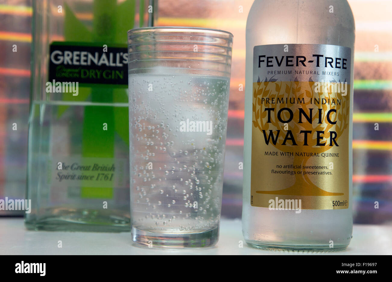 Fever-Tree premium Indian tonic water, London with bottle of gin Stock Photo