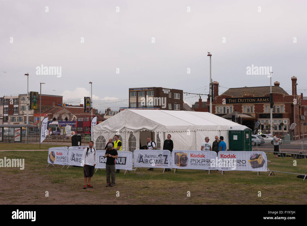 Blackpool, UK. 30th August, 2015. A cloudy morning in Blackpool but the conditions are almost perfect for the 'Base jumpers' taking their leap of faith off a 320 foot high crane on Blackpool's beach. Credit: Gary Telford/Alamy live news Stock Photo