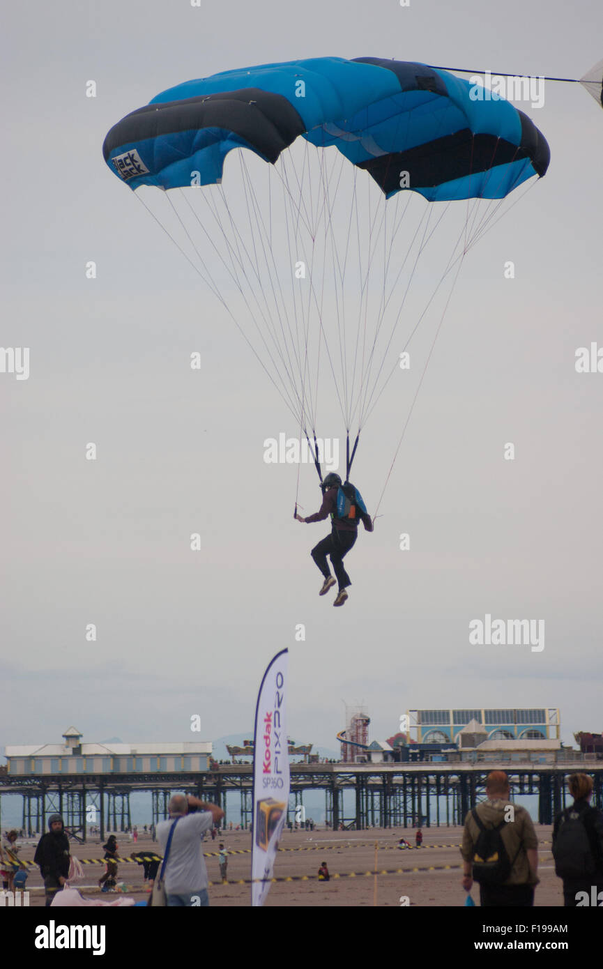 Blackpool, UK. 30th August, 2015. A cloudy morning in Blackpool but the conditions are almost perfect for the 'Base jumpers' taking their leap of faith off a 320 foot high crane on Blackpool's beach. Credit: Gary Telford/Alamy live news Stock Photo