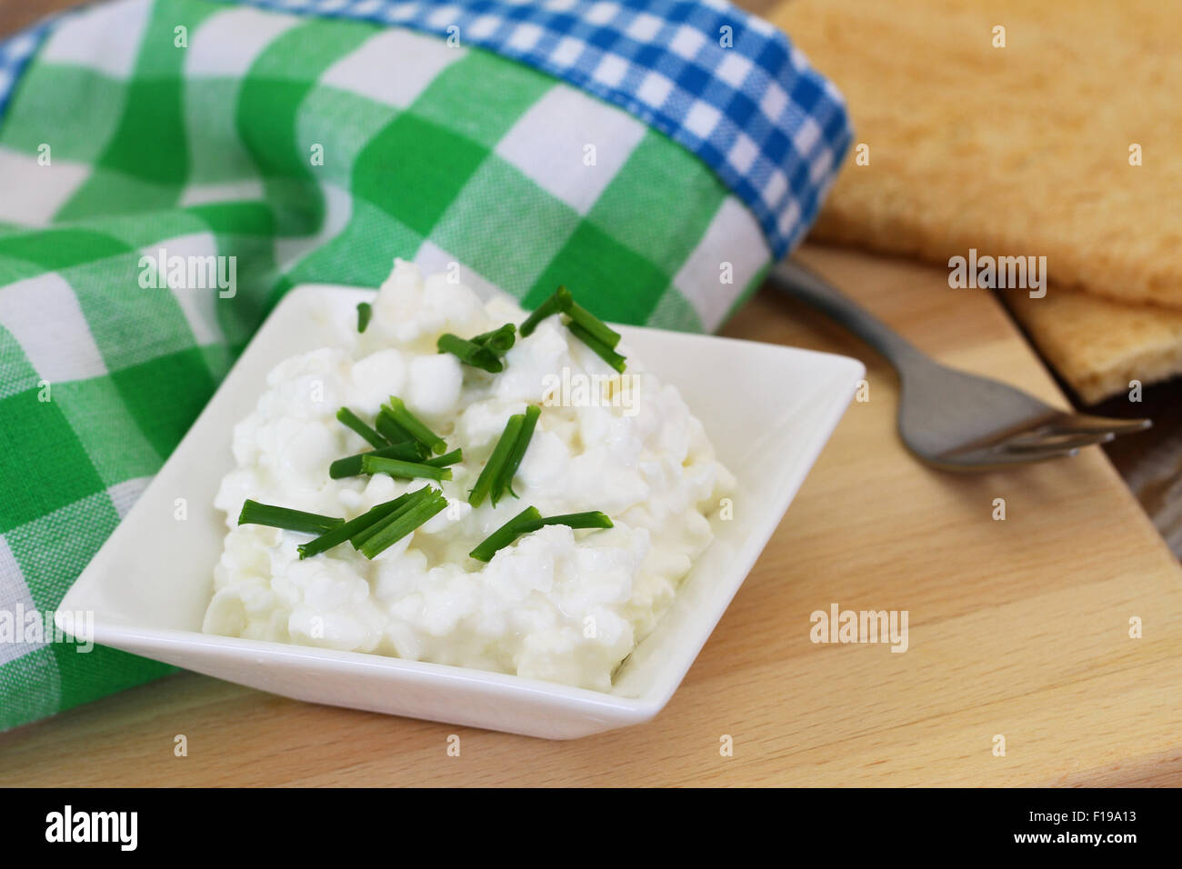 Cottage cheese in white bowl with chives and radish Stock Photo