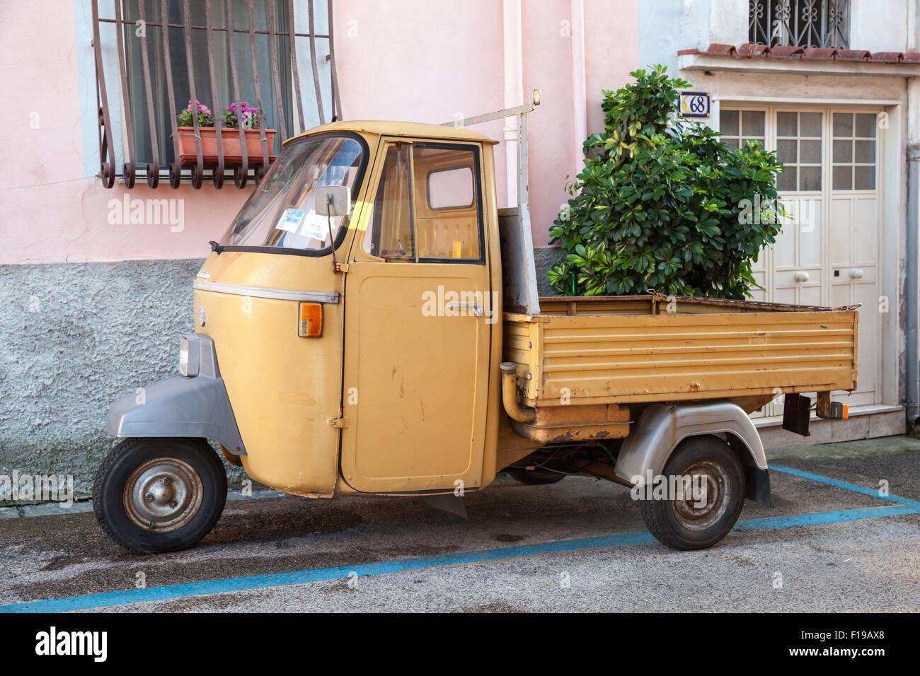 Gaeta, Italy - August 19, 2015: P 501 Ape Car is a three-wheeled light commercial vehicle produced since 1948 by Piaggio Stock Photo