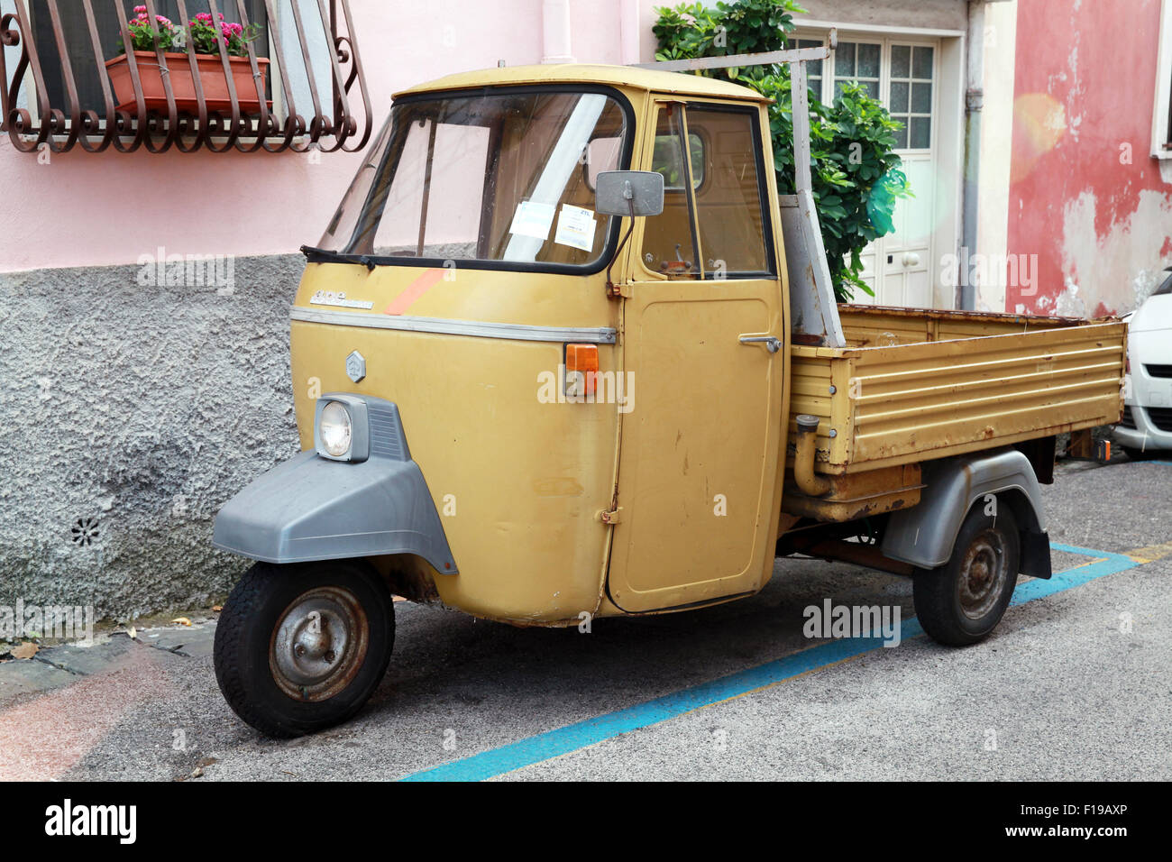 Gaeta, Italy - August 21, 2015: P 501 Ape Car is a three-wheeled light commercial vehicle produced since 1948 by Piaggio Stock Photo