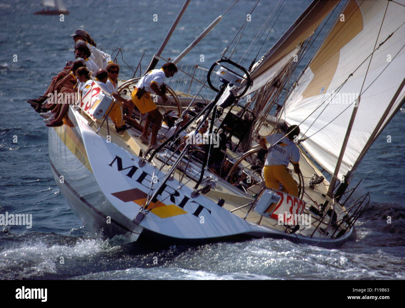 AJAXNETPHOTO. 1989. SOLENT, ENGLAND. FASTNET RACE 1989 - SWISS YACHT MERIT SKIPPERED BY PIERRE FEHLMANN. BRUCE FARR DESIGNED MAXI YACHT IS A WHITBREAD RACE ENTRY. PHOTO : JONATHAN EASTLAND / AJAX REF:890687 Stock Photo