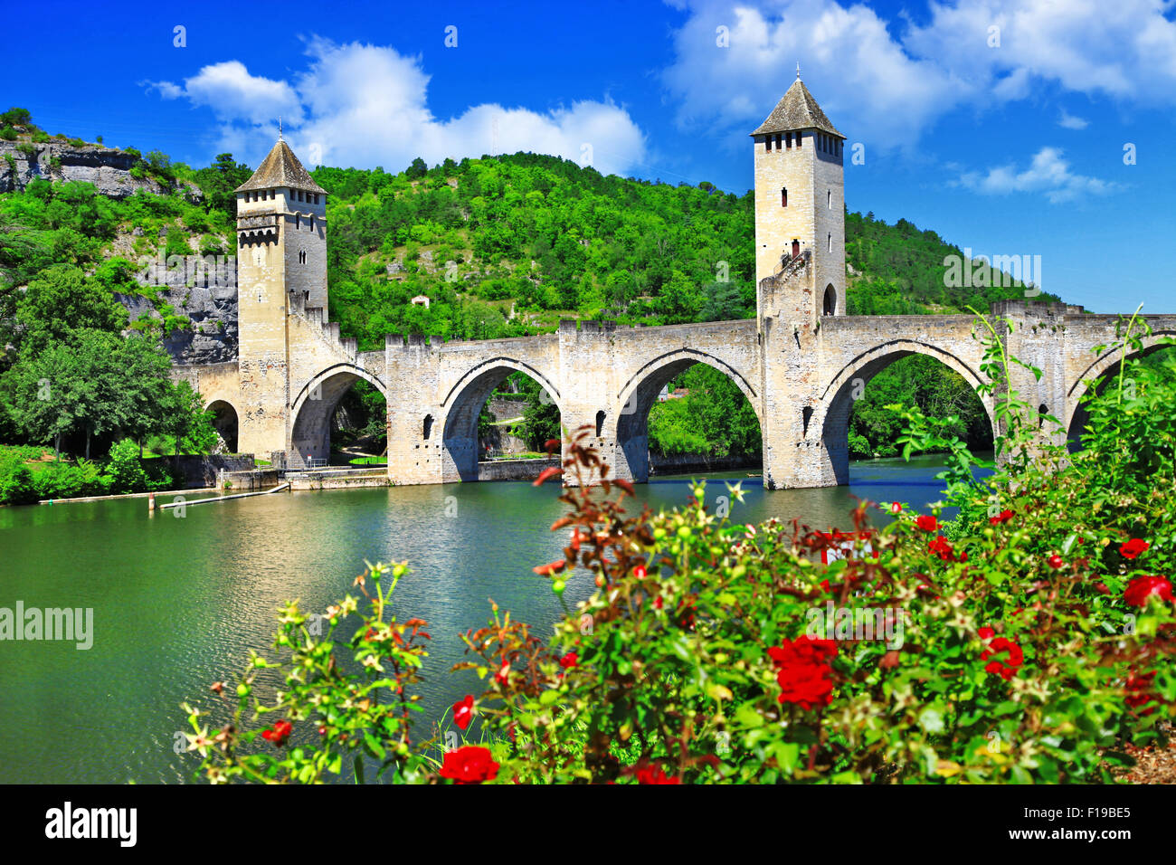 medieval town Cahors and famous bridge Valentré (Lot) Stock Photo