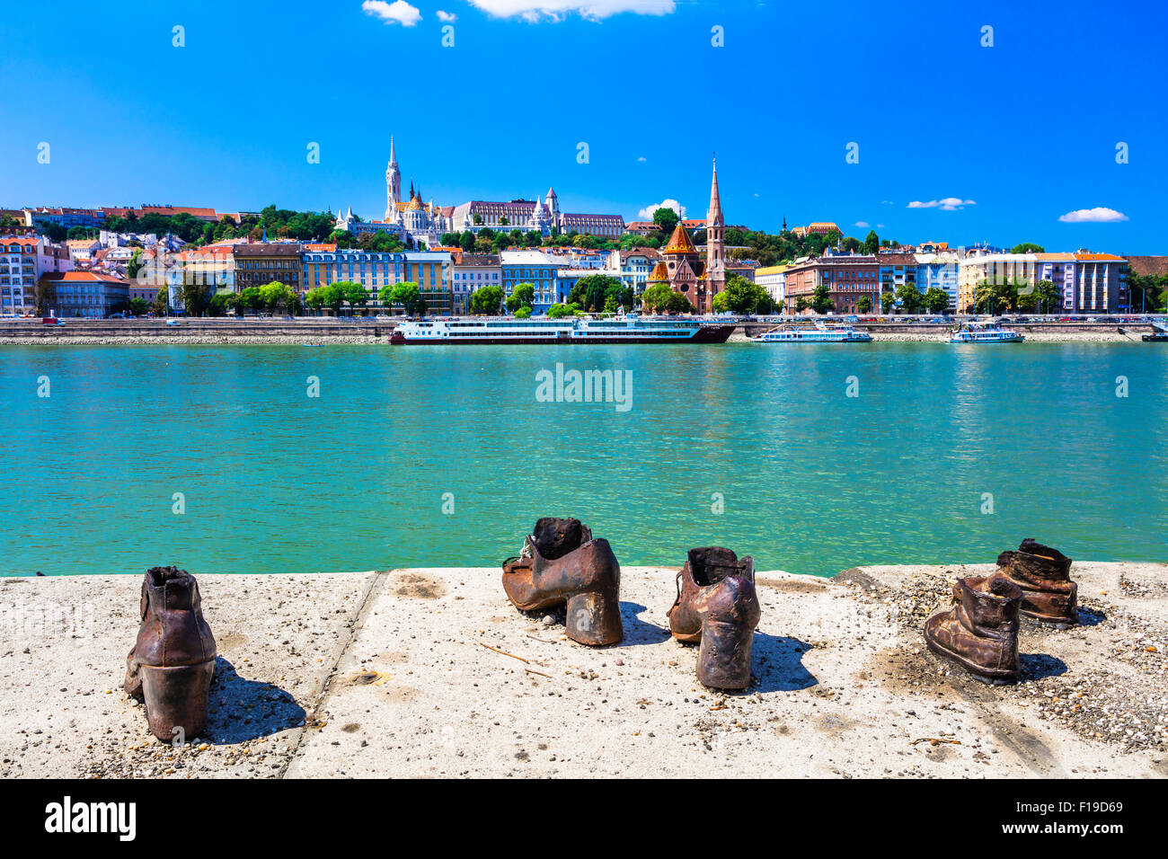 Budapest, view with memorial iron shoes Stock Photo