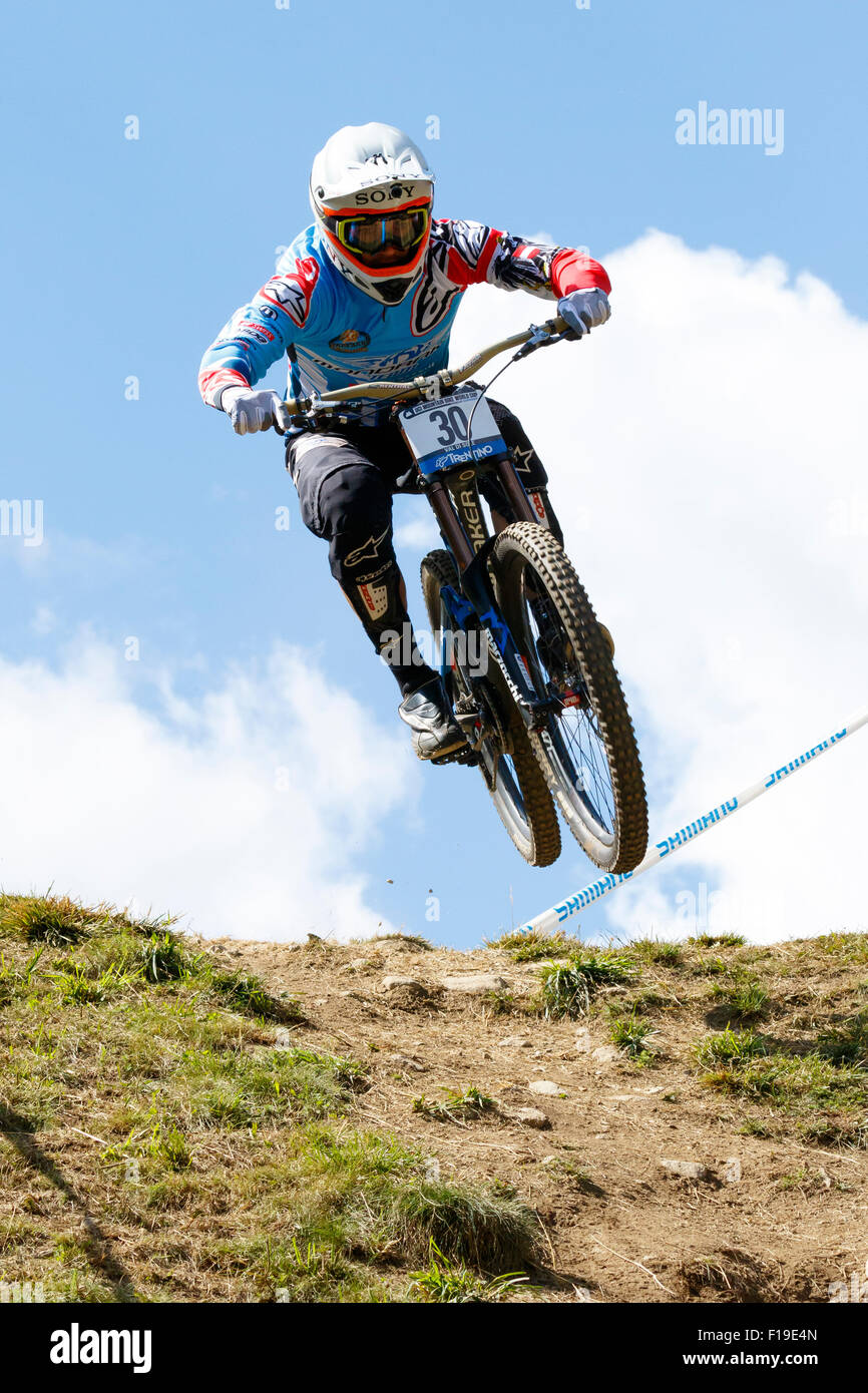 Val Di Sole, Italy - 22 August 2015: Ms Mondraker Team,  Rider Pekoll Markus in action during the mens elite Downhill final Stock Photo