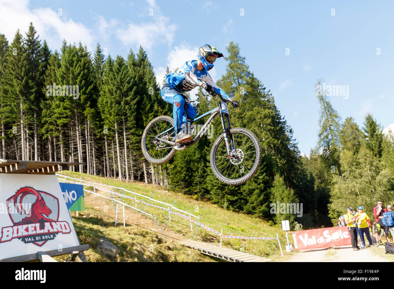 Val Di Sole, Italy - 22 August 2015: Giant Factory Off-Road Team, Rider Cauvin Guillaume in action during the mens elite Downhill final World Cup at the Uci Mountain Bike in Val di Sole, Trento, Italy Stock Photo