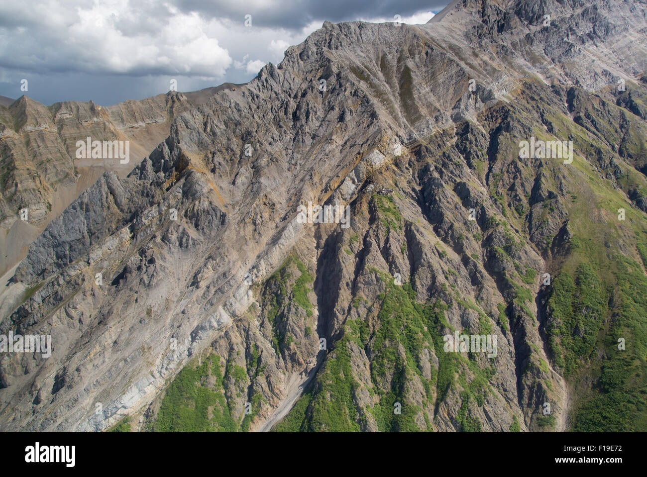 Aerial view of the old Erie Mine, a former copper mine at Wrangell St. Elias National Park July 21, 2015 in Alaska. Stock Photo