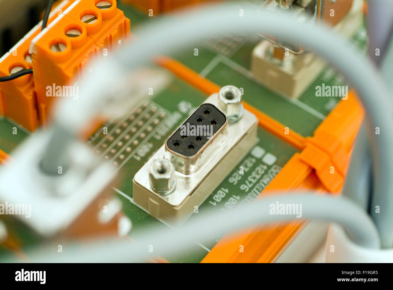 Panel with connectors, cables and modules Stock Photo
