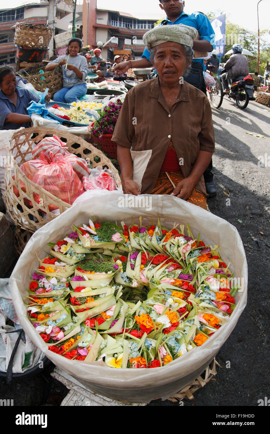px81155-D. offerings to be made at local temples are for sale at market in Denpasar, Bali. Indonesia. Photo Copyright © Brandon Stock Photo