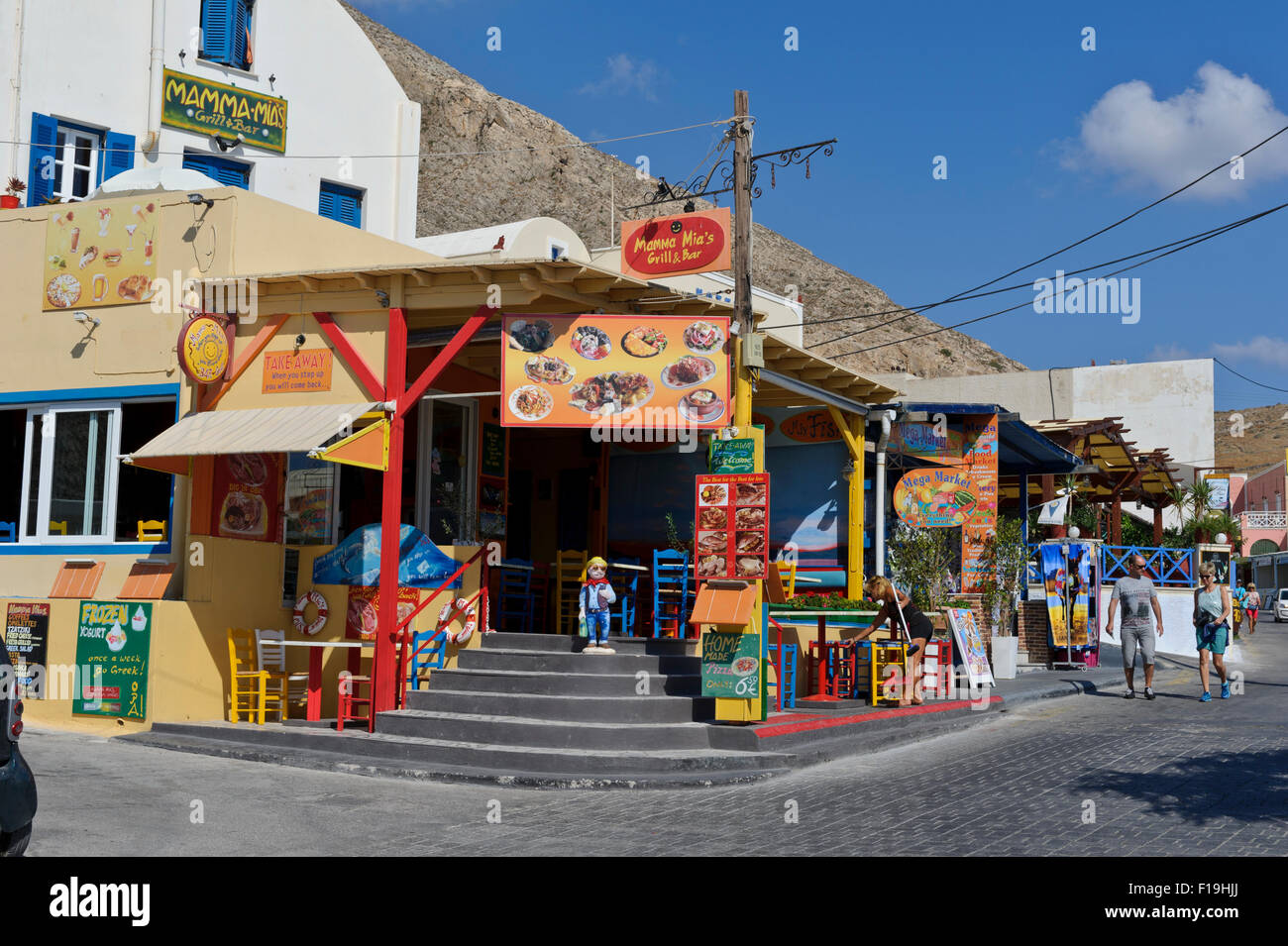 A bright coloured restaurant in Kamari, Santorini, Greece Stock Photo Alamy