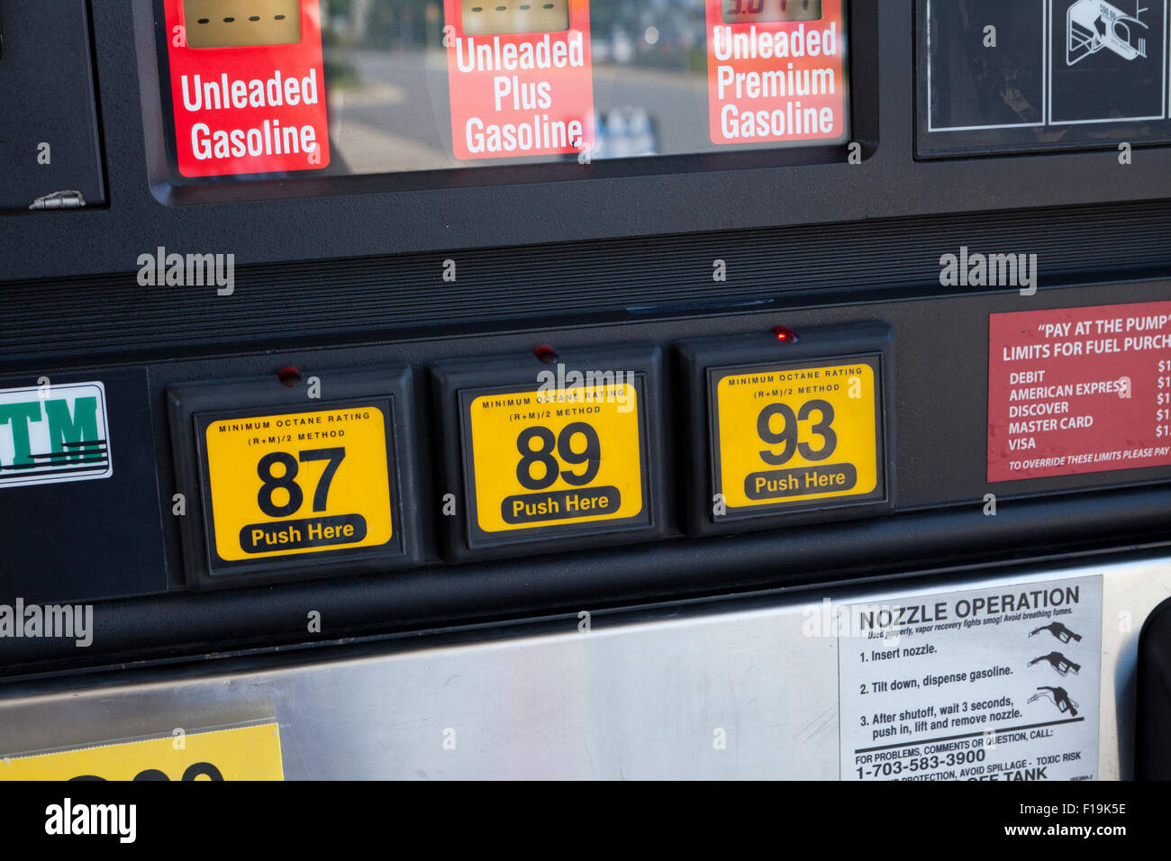 Octane choice buttons on gasoline fill pump - USA Stock Photo