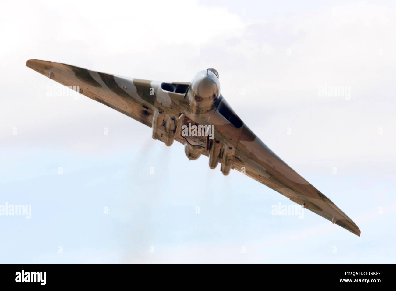 The Avro Vulcan, Hawker Siddeley Vulcan XH558 jet-powered delta wing strategic bomber on display at RIAT 2015 air show Stock Photo