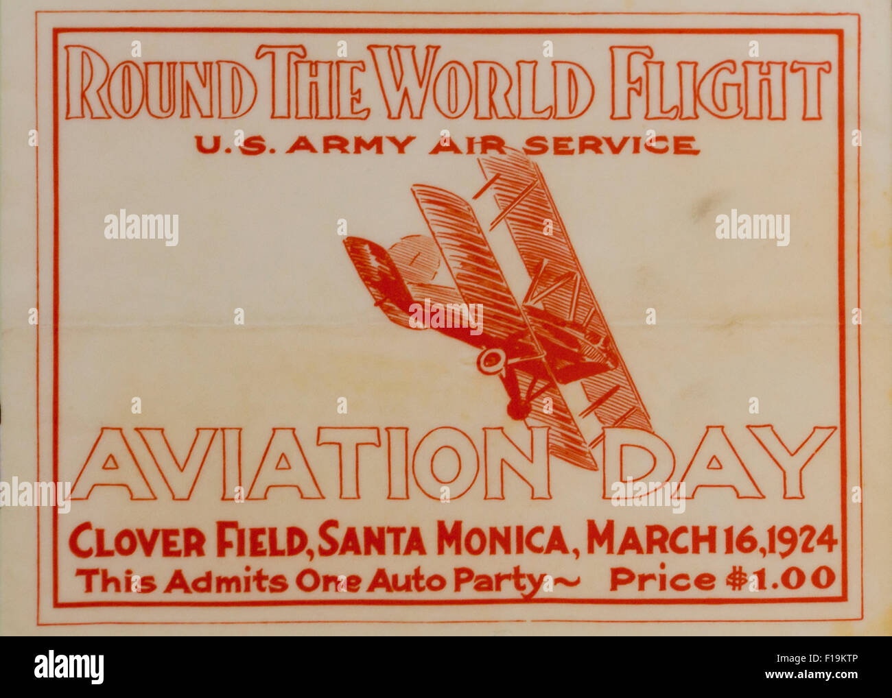 US Army Air Service Round the World Flight Aviation Day admission ticket - USA Stock Photo
