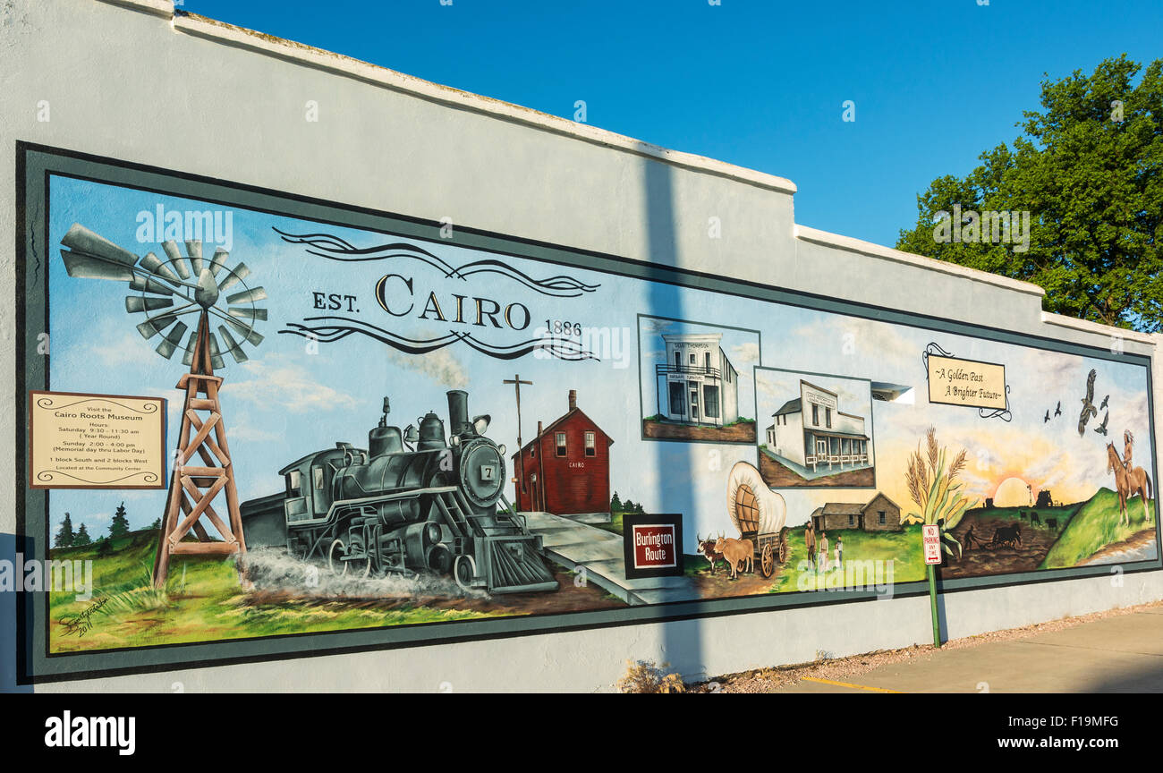 Nebraska, Cairo, wall mural, small town at Eastern end of Sandhills Journey Hwy 2 Scenic Byway Stock Photo