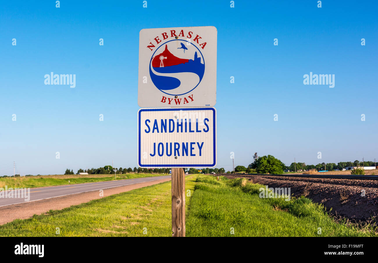 Nebraska, Sandhills Journey Hwy 2 Scenic Byway, eastern end, road sign Stock Photo