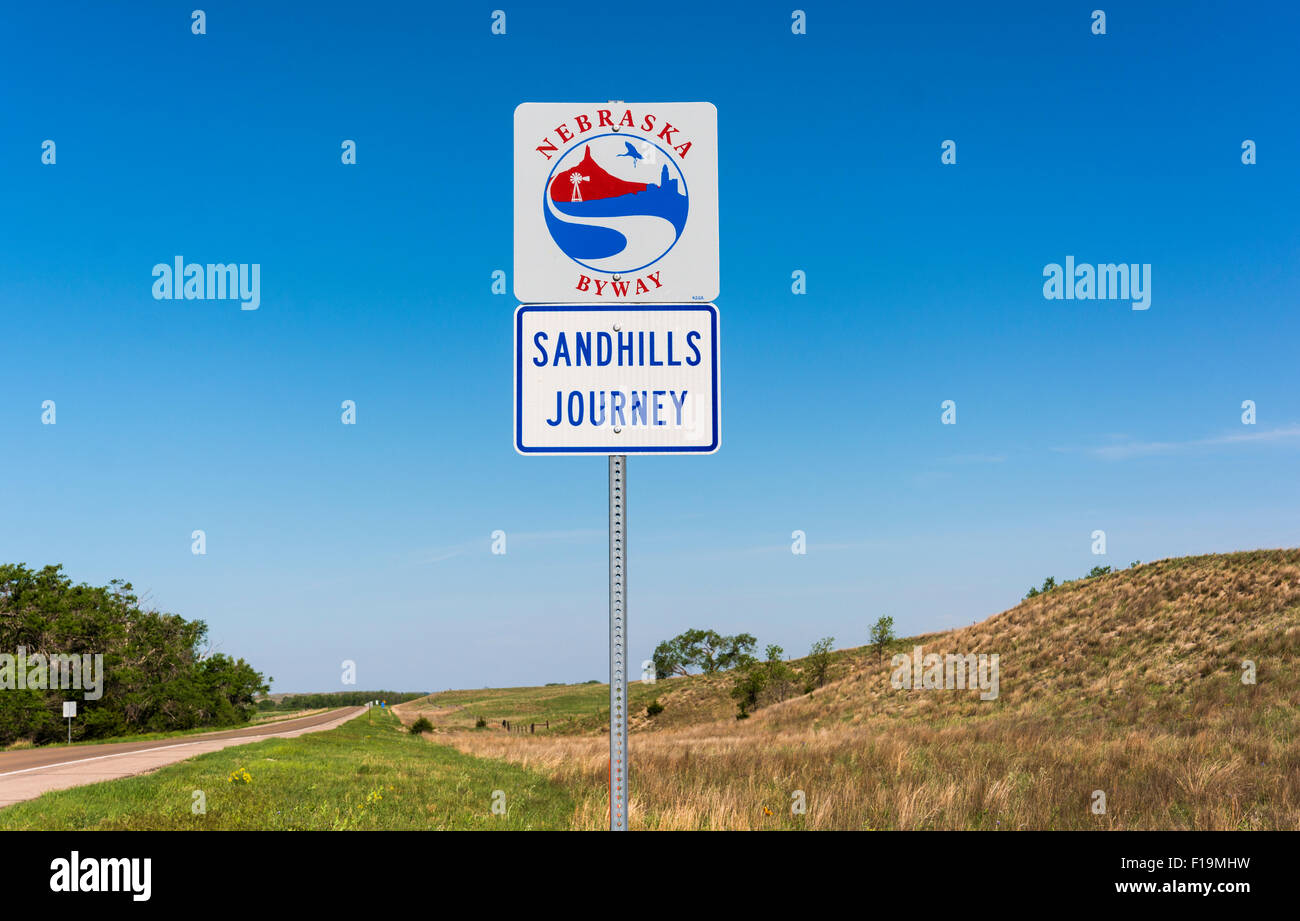 Nebraska, Sandhills Journey Hwy 2 Scenic Byway, road sign Stock Photo