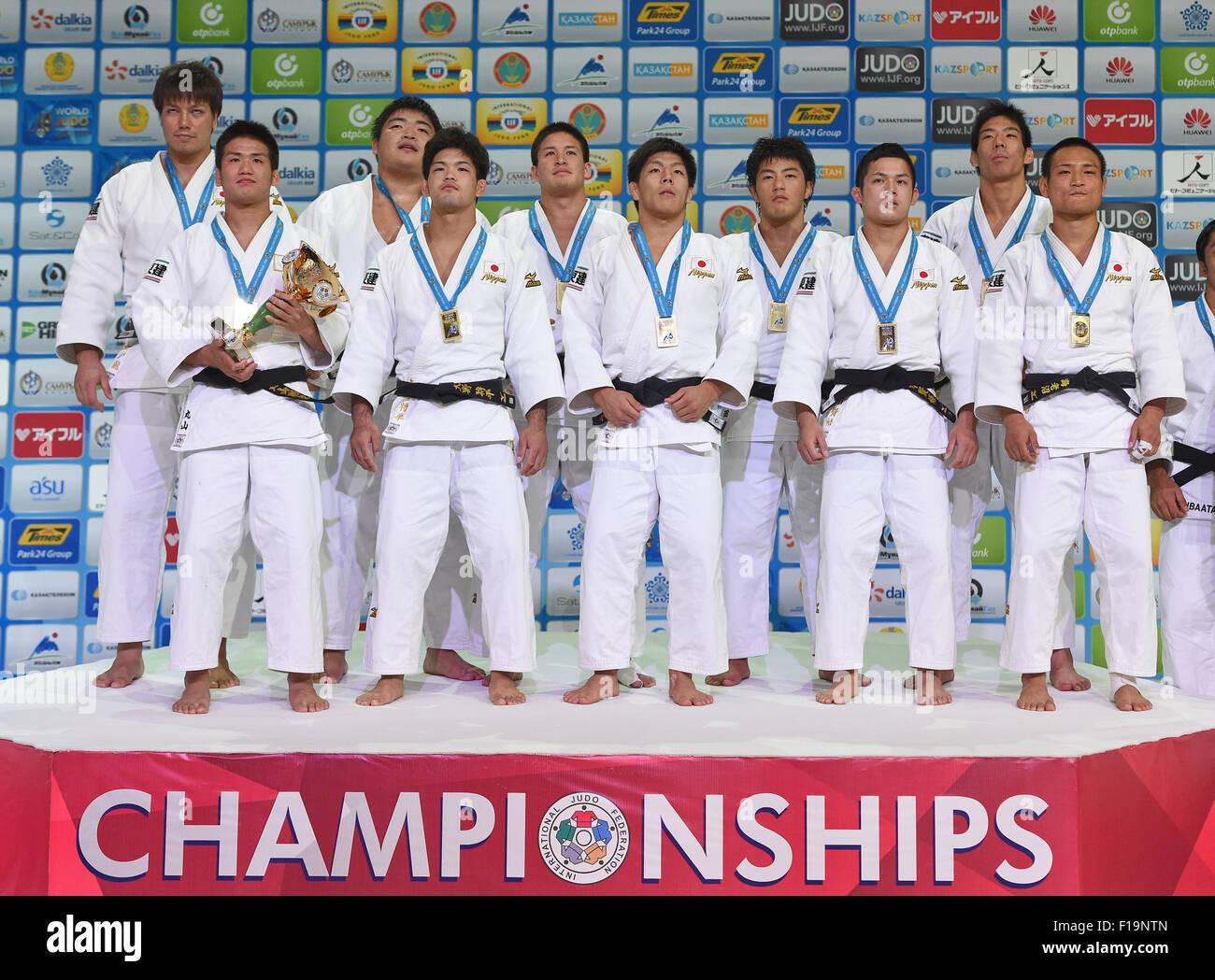 Astana, Kazakhstan. 30th Aug, 2015. (L-R) Ryu Shichinohe, Goki Maruyama, Takeshi Ojitani, Shohei Ono, Matthew Baker, Riki Nakaya, Yuya Yoshida, Kengo Takaichi, Takanori Nagase, Masashi Ebinuma (JPN) Judo : World Judo Championships Astana 2015 Men's Team Medal Ceremony at Alau Ice Palace in Astana, Kazakhstan . Credit:  AFLO SPORT/Alamy Live News Stock Photo